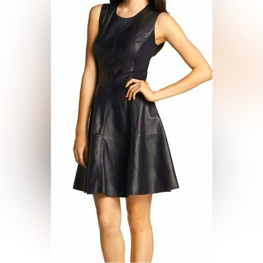 NWT Halogen Leather and Mixed Fabric Dress in black. (Size 4P)